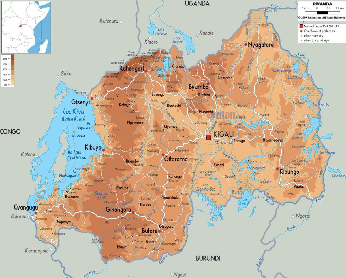 מפה של מפה פיזית של רואנדה