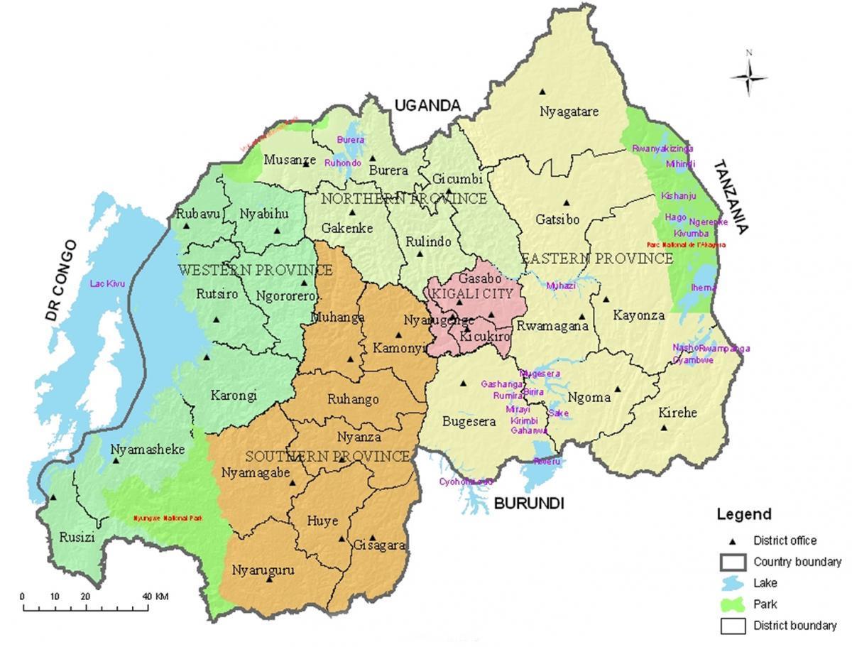 מפה של רואנדה עם מחוזות ומגזרים